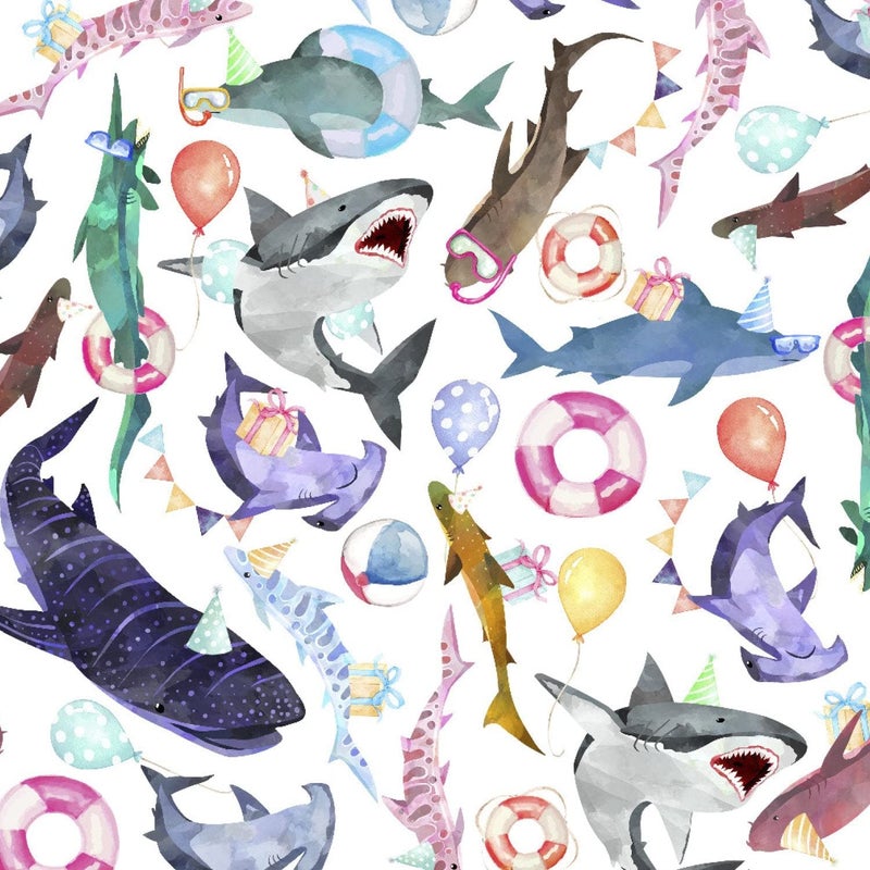 Colors of Rainbow Flat Sheet Wrapping Paper Featuring Hammerheads Great Whites Whale Sharks Tiger Sharks Wearing Party Hats and Glasses Gift Wrap (Shark Party) - Image 1